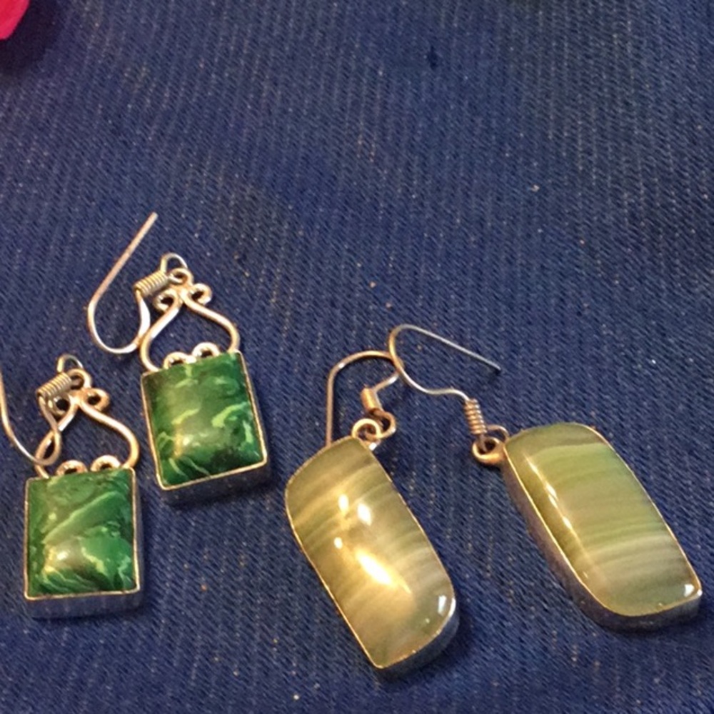 NWOT Solid Beautiful Two pair Special 925 Sterling Silver Botswana Malachite - Picture 1 of 7